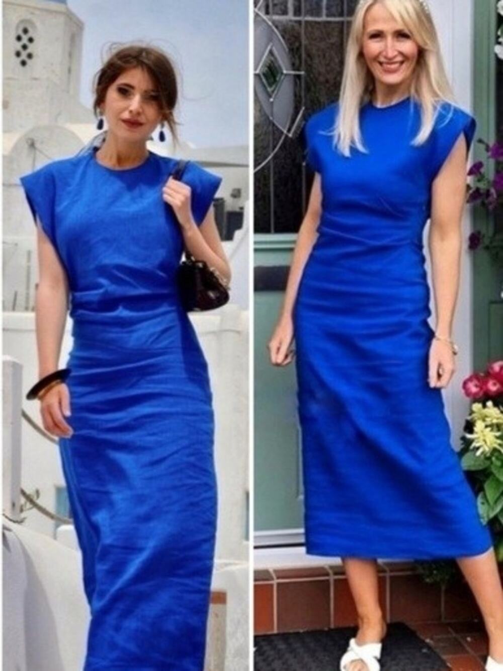Zara Elegant Royal Cobalt Blue Cap-Sleeve Cinched Waist Midi Dress Large